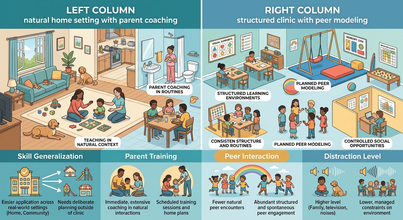 Side-by-side comparison infographic of in-home and clinic-based ABA therapy settings with decision factor icons