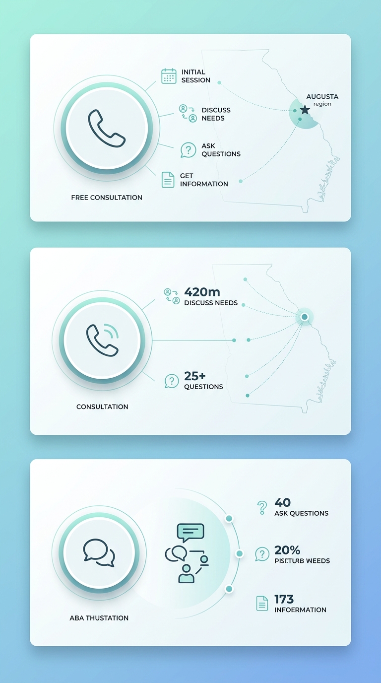 An infographic illustrating the three initial steps to starting ABA therapy in Augusta, Georgia.