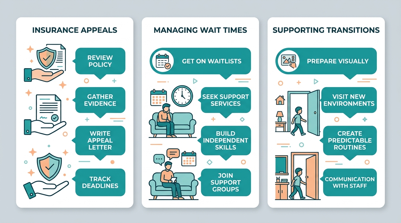 Infographic showing three common challenges in the ABA therapy journey: navigating insurance, managing wait times, and supporting transitions.