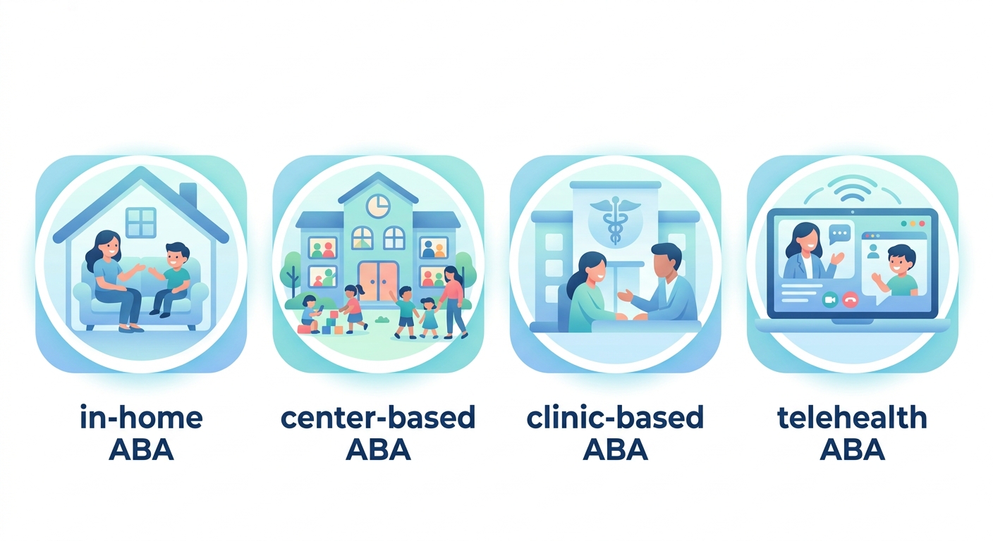 Four ABA therapy access icons: in-home, center-based, clinic, and telehealth arranged horizontally.