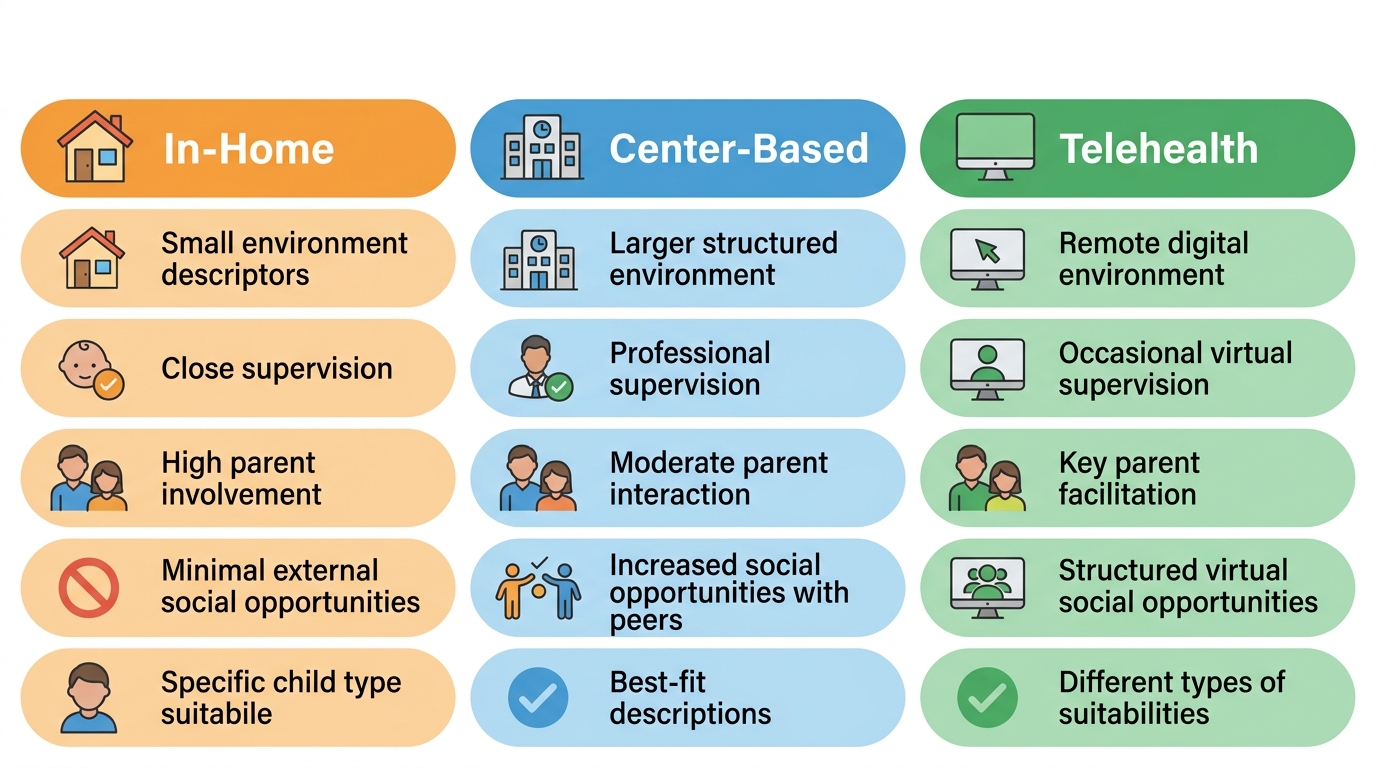 An infographic comparing In-Home, Center-Based, and Telehealth ABA therapy options across five comparison rows for Augusta families.