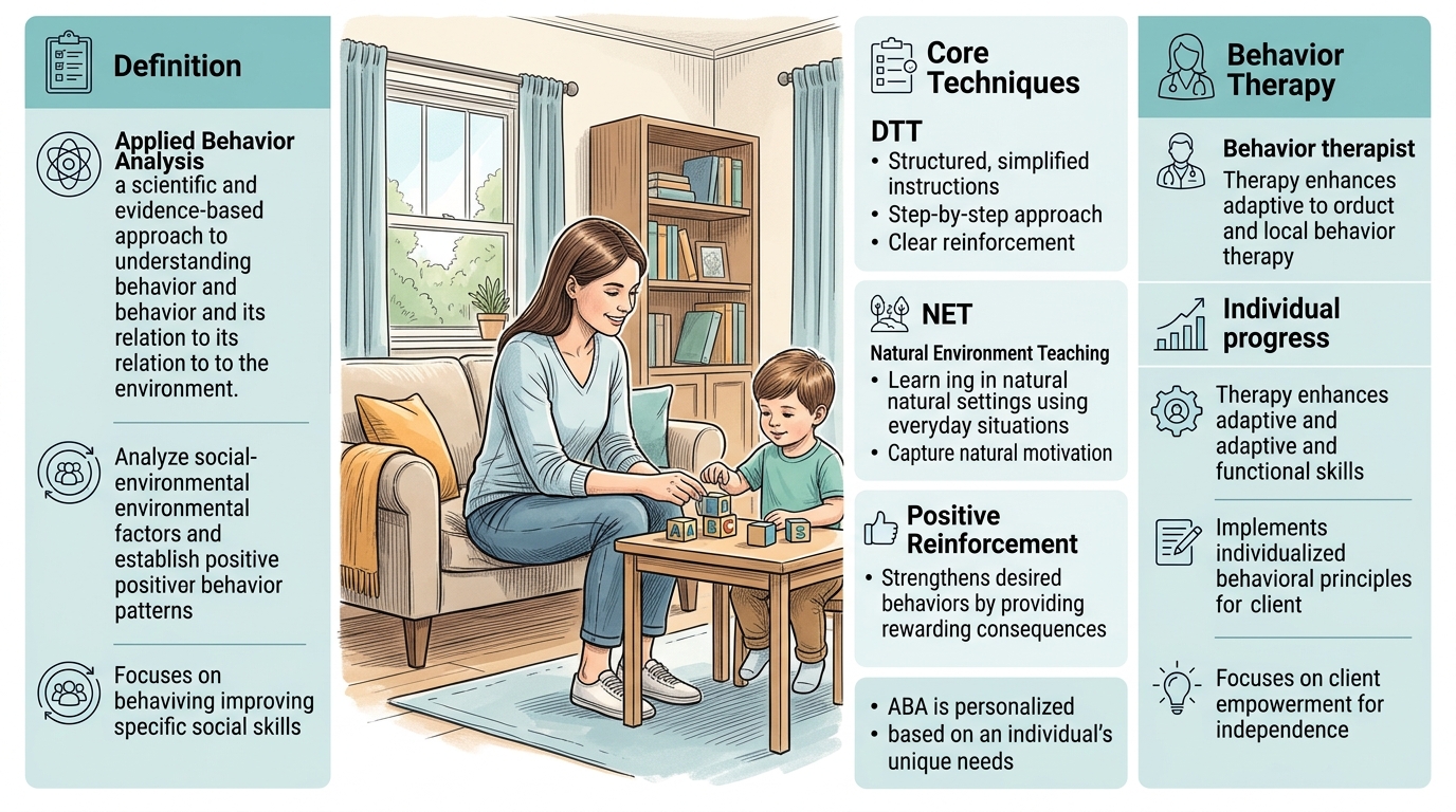Infographic illustrating the core principles of Applied Behavior Analysis therapy