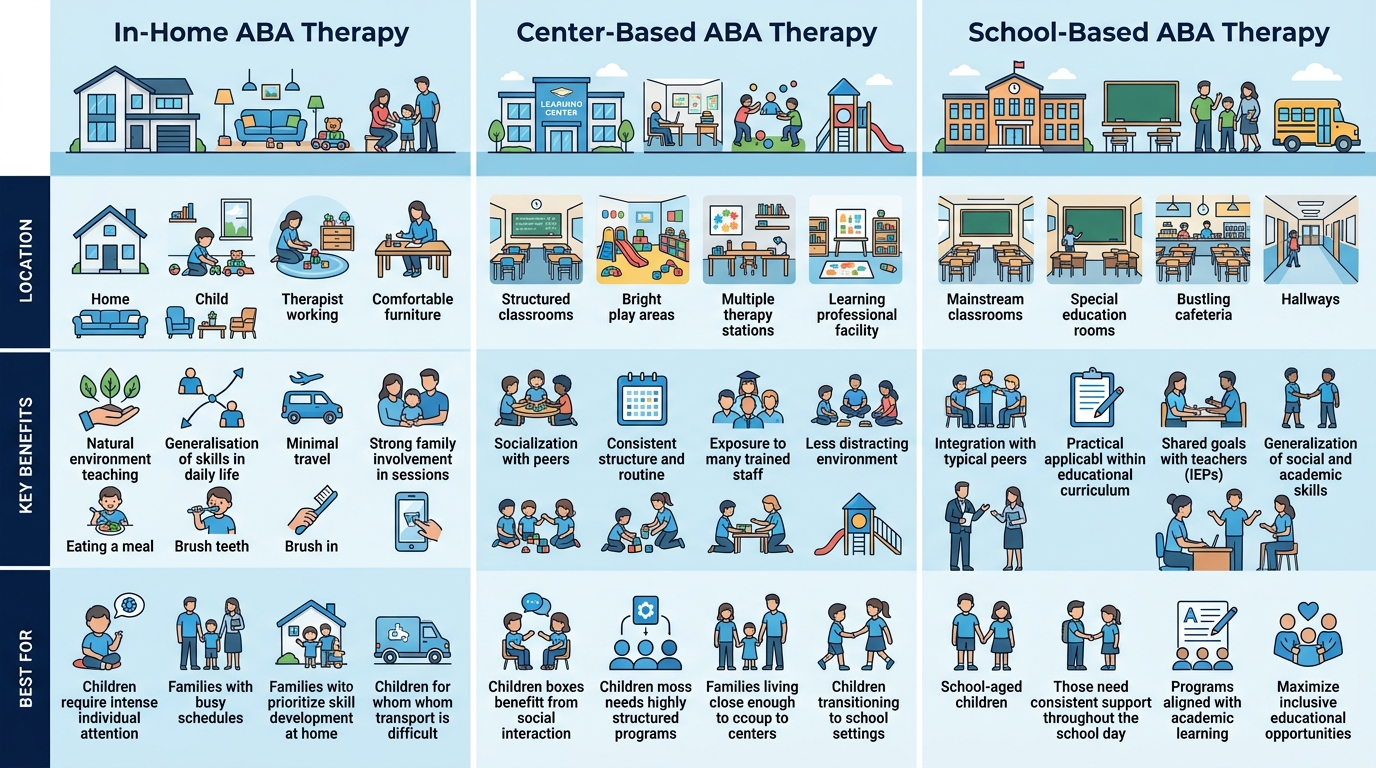 Infographic comparing three ABA therapy settings: In-Home, Center-Based, and School-Based, detailing location, key benefits, and best fit for each.