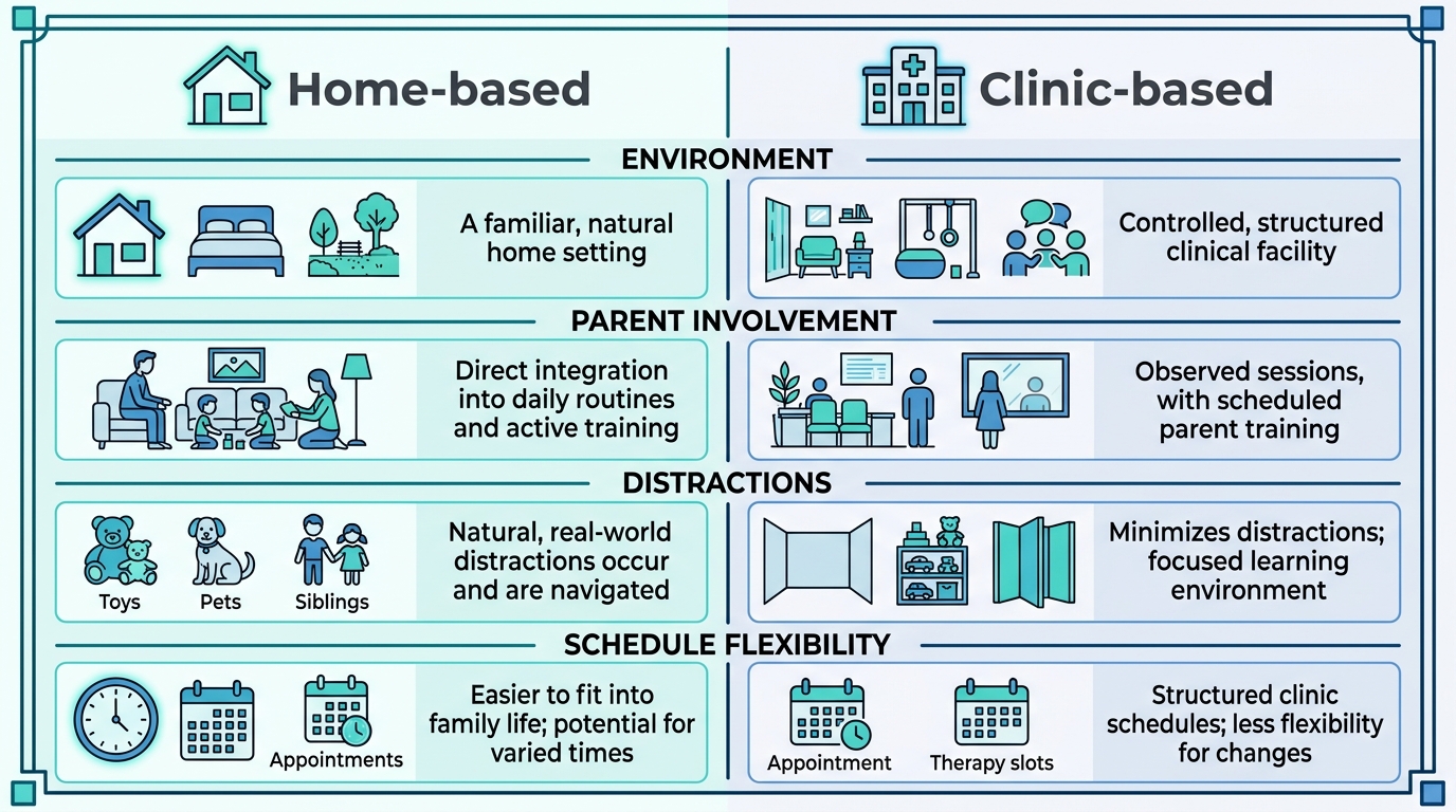 Two-column infographic comparing in-home and clinic-based ABA therapy options across environment, parent involvement, distractions, and schedule flexibility using teal and blue colors.