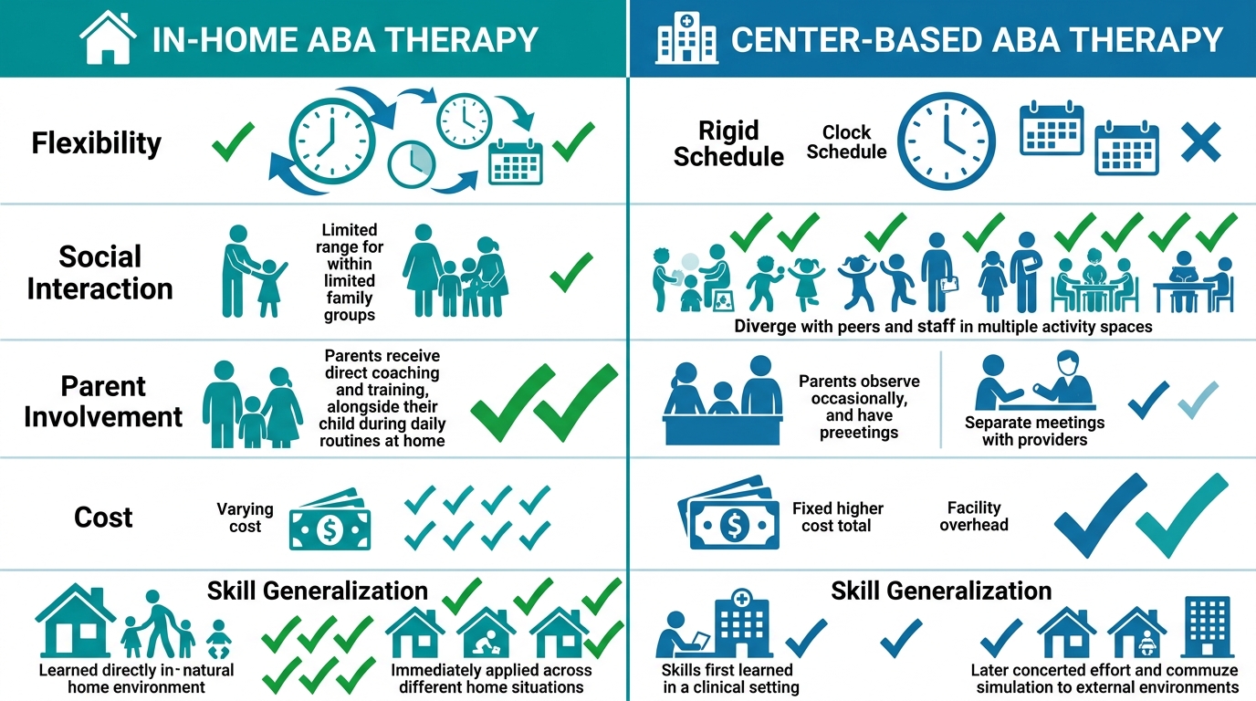 Data visualization comparing features of in-home versus center-based ABA therapy using a two-column matrix with icons and checkmarks in teal and blue.