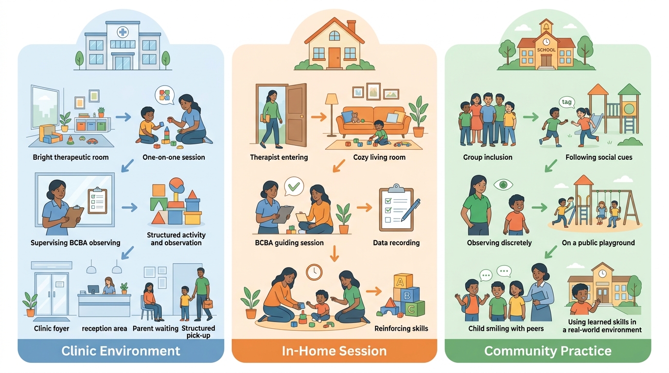 Visual comparison of three ABA therapy settings: clinic-based, in-home, and community/school-based