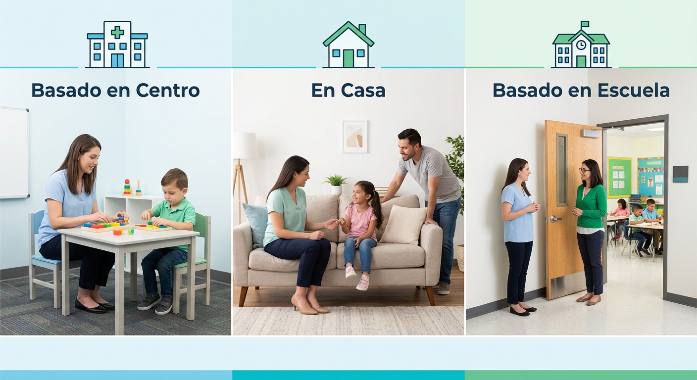 Comparación visual de tres modalidades de terapia ABA: en centro, en hogar y en escuela.