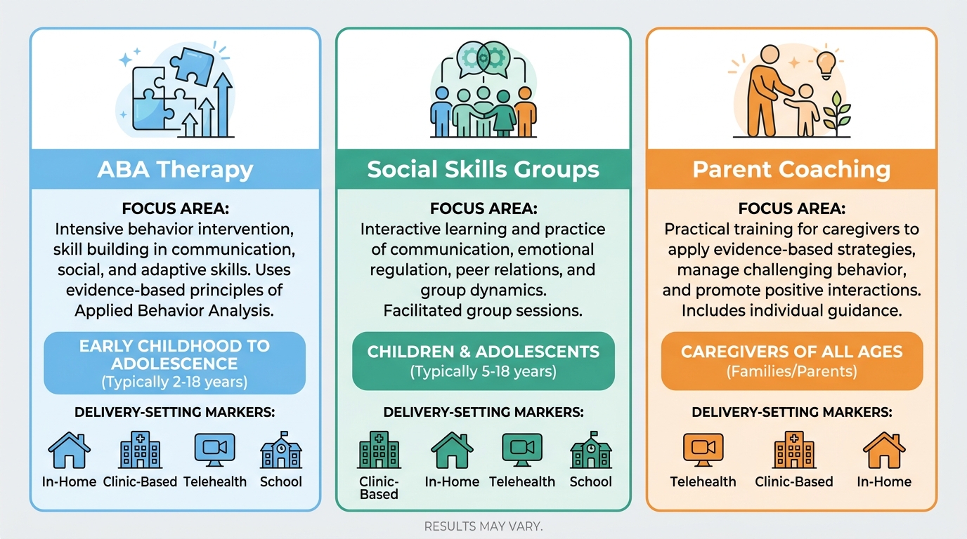 Three-column comparison infographic showing ABA Therapy, Social Skills Groups, and Parent Coaching programs available to Columbus families, with delivery settings and age ranges.