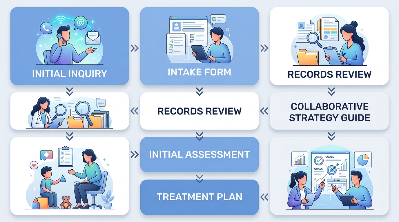 ABA therapy intake process flow with 5 vertical stages from initial inquiry to treatment plan