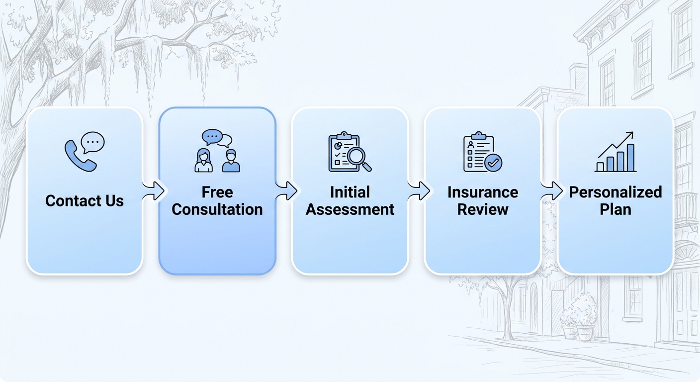 Five-step process flow diagram showing how to get started with ABA therapy in Savannah, with soft blue gradient cards and connecting arrows.