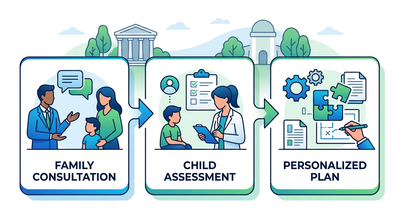 Three-step process for starting ABA therapy in Athens, Georgia: family consultation, child assessment, and personalized treatment plan.