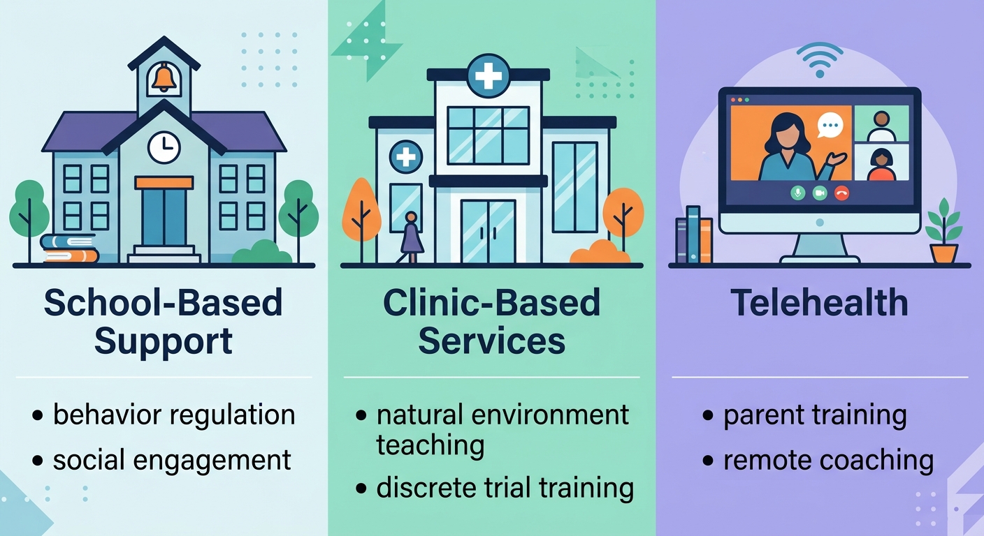 Three-column infographic comparing ABA therapy settings: school-based, clinic-based, and telehealth services in Athens, Georgia.