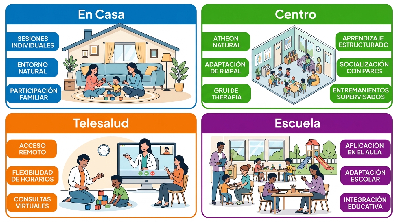 Infografía que compara cuatro entornos de terapia ABA disponibles en Athens, Georgia: En Casa, Centro, Telesalud y Escuela.