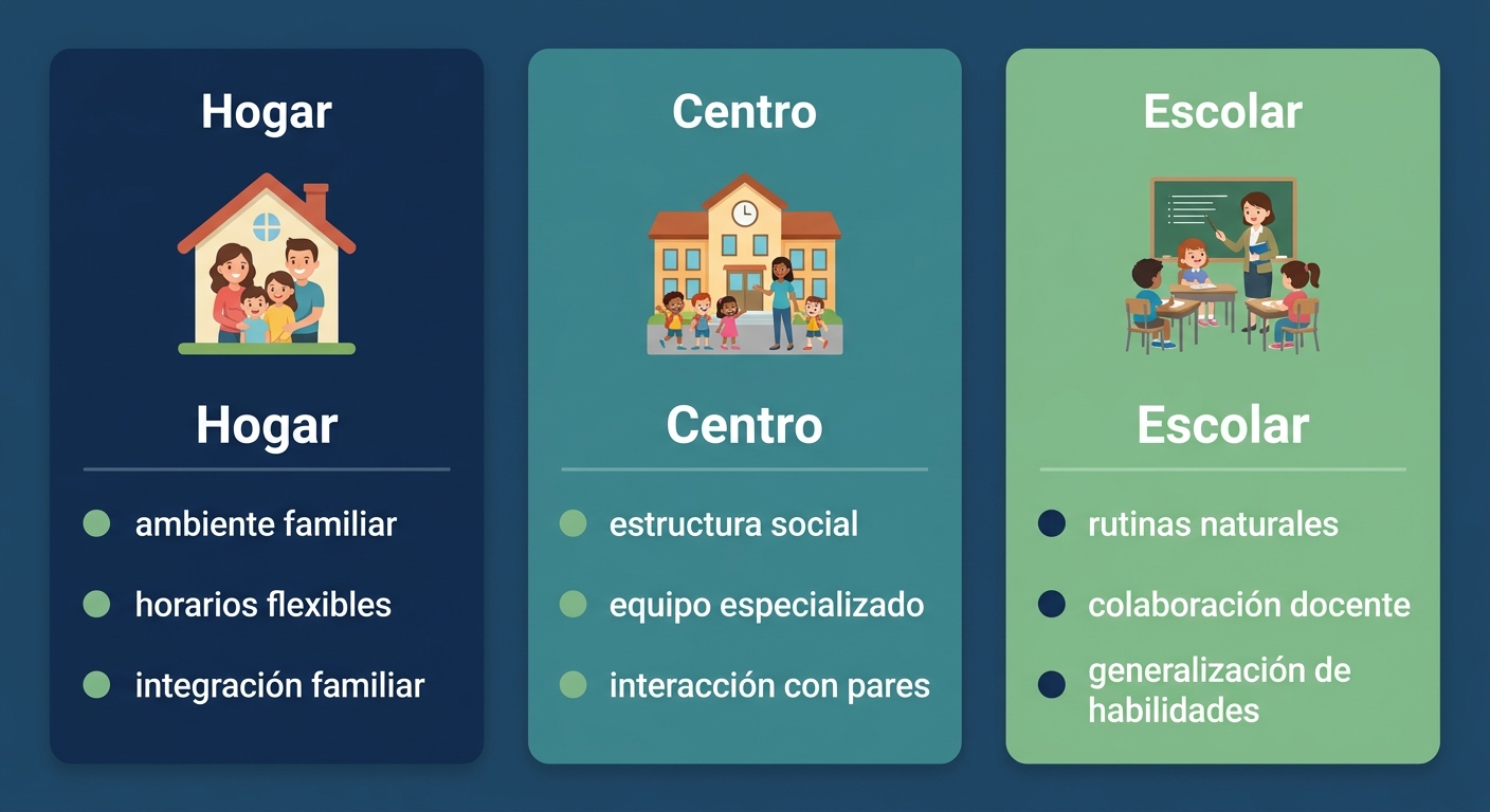 Infografía de tres columnas que compara opciones de terapia ABA en el hogar, centro y escuela en Athens, Georgia.