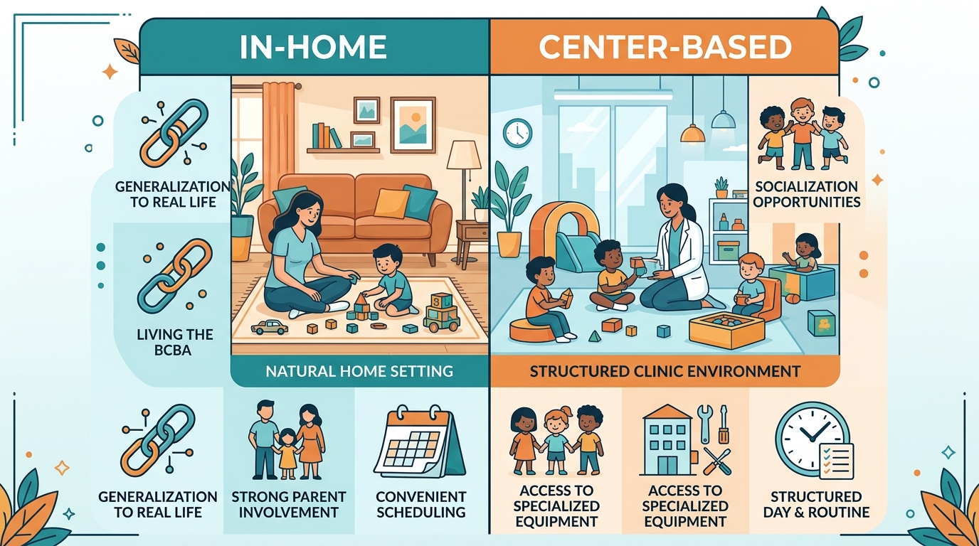 Infographic comparing in-home and center-based ABA therapy environments, with illustrated scenes and icons for each setting's key benefits.