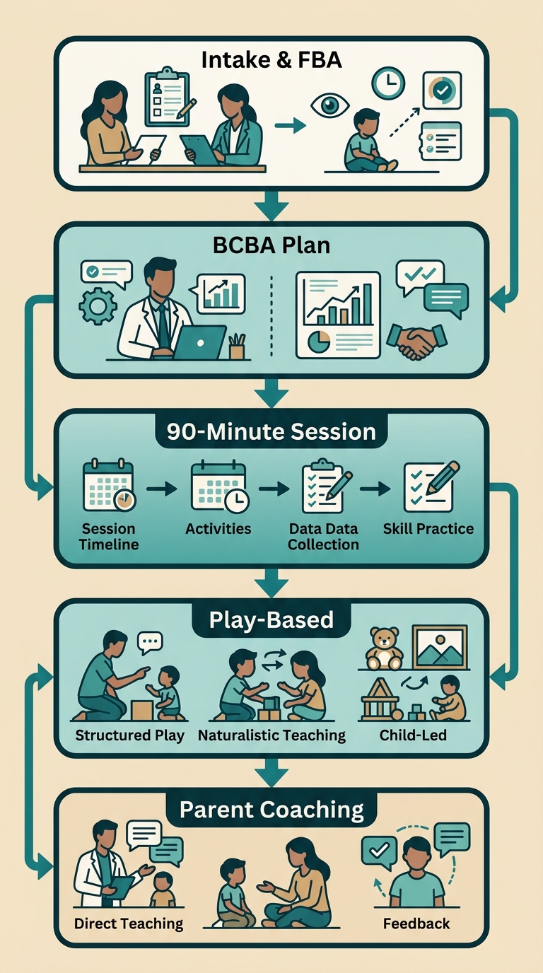 Vertical process flow illustrating the 5 stages of an in-home ABA therapy session, from initial intake to parent coaching.