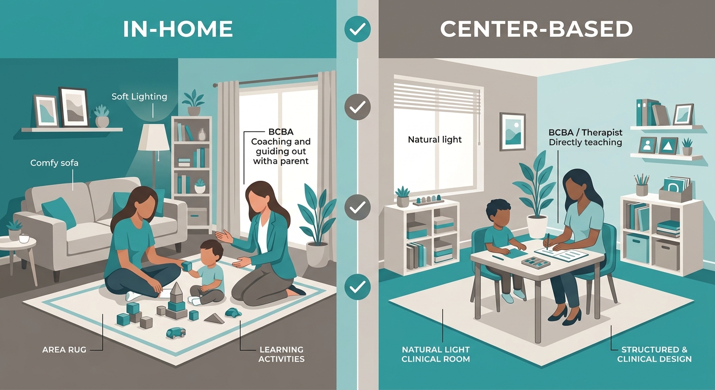Infographic comparing in-home ABA therapy in a cozy living room versus center-based ABA in a clinical setting, with clean typography and a teal palette.