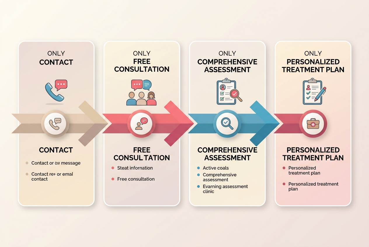 Infographic with 4 connected overlapping cards in a horizontal row representing the 4-step ABA therapy onboarding process, labeled Contact, Free Consultation, Comprehensive Assessment, Personal Treatment Plan, using modern brand colors and a clean, borderless composition.