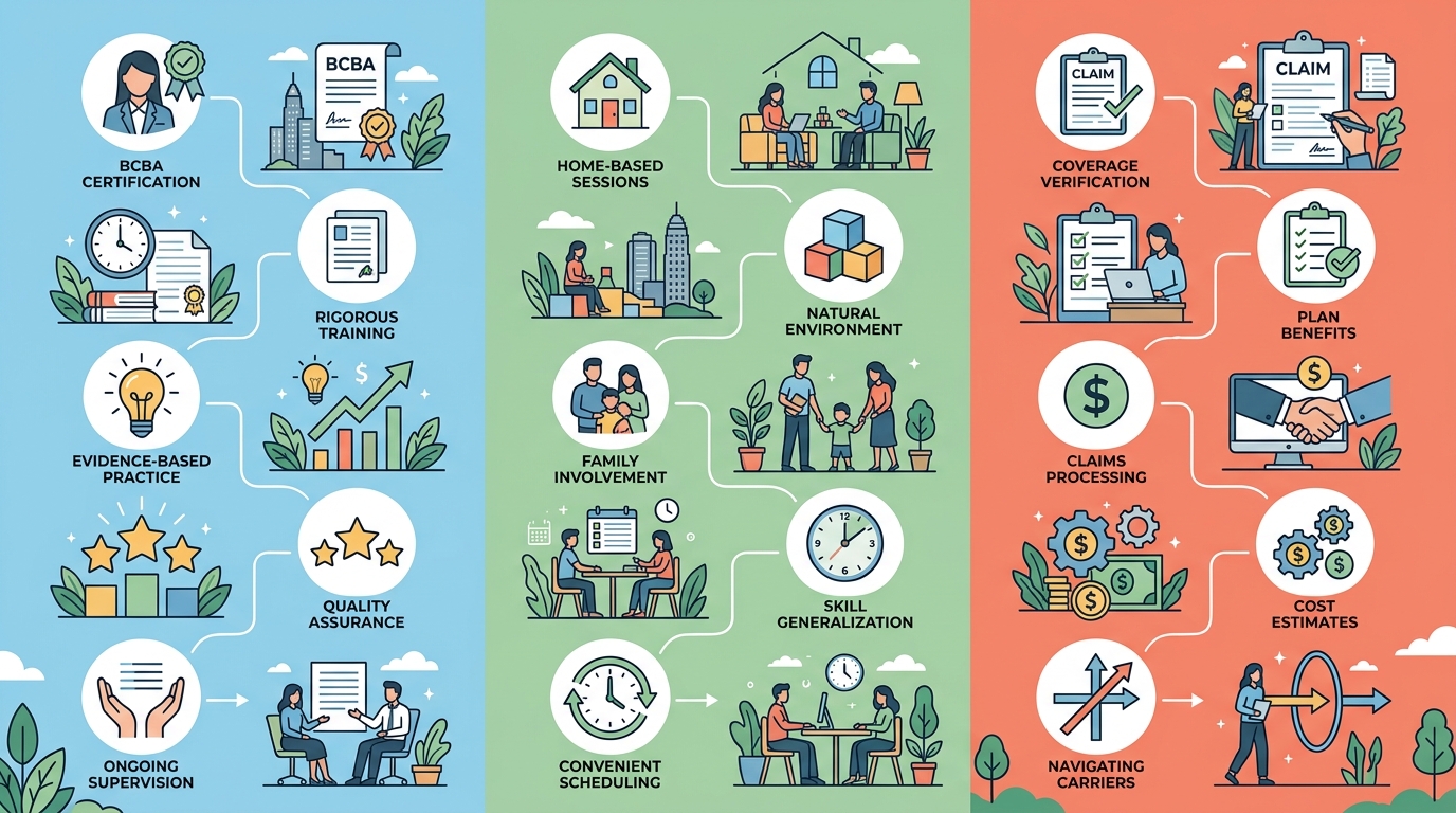 Infographic showing three key considerations for Charlotte families: BCBA-certified supervisors, in-home flexibility, and insurance guidance.
