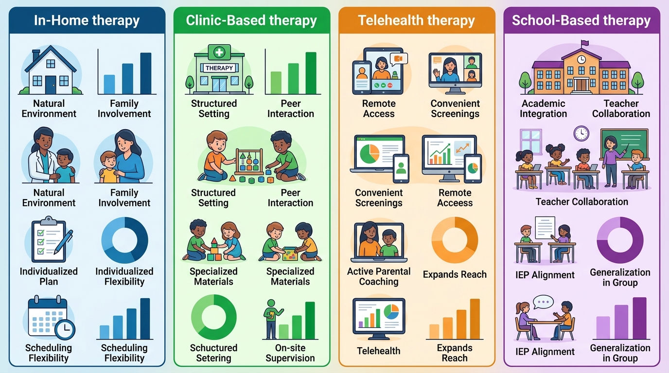 Infographic comparing four ABA therapy settings available in the Raleigh area: In-Home, Clinic-Based, Telehealth, and School-Based.