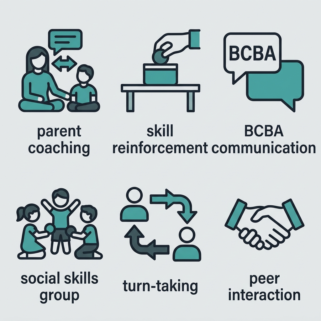 Grid of 6 outline-style icons representing ABA therapy components: parent coaching, skill reinforcement, BCBA communication, social skills group, turn-taking, and peer interaction.