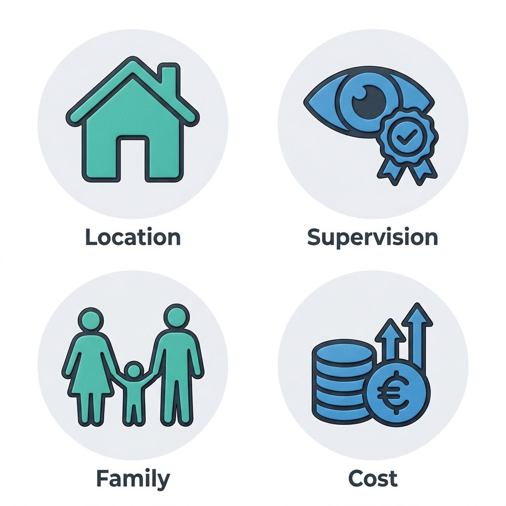 Icon grid comparing four key features of ABA therapy settings including location, supervision, family involvement, and cost, using warm teal and blue icons on a white background.