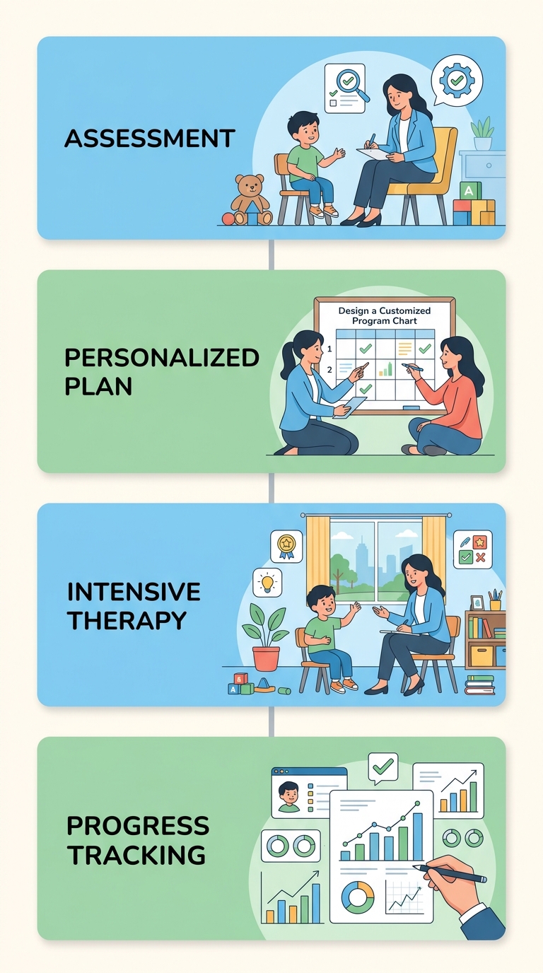 Vertical process flow showing four stages of early intervention ABA therapy: Assessment, Personalized Plan, Intensive Therapy, and Progress Tracking.