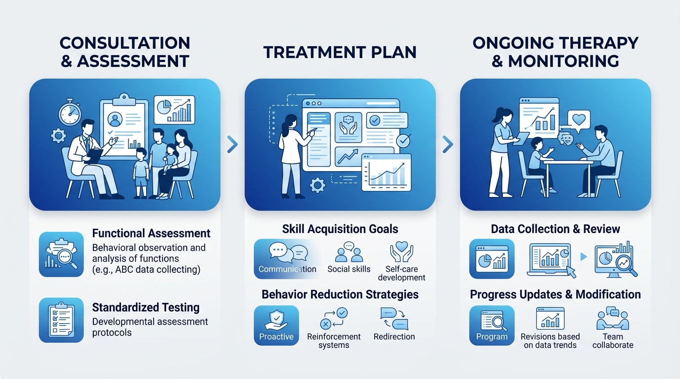 Horizontal process flow diagram showing three steps of ABA therapy: initial consultation and assessment, personalized treatment plan development, and ongoing therapy with parent training and monitoring, with gradient blue cards and white icons.