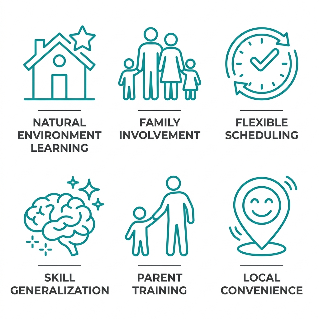 Icon grid illustrating six key benefits of in-home ABA therapy: natural environment learning, family involvement, flexible scheduling, skill generalization, parent training, and local convenience, in teal outline style with short labels.