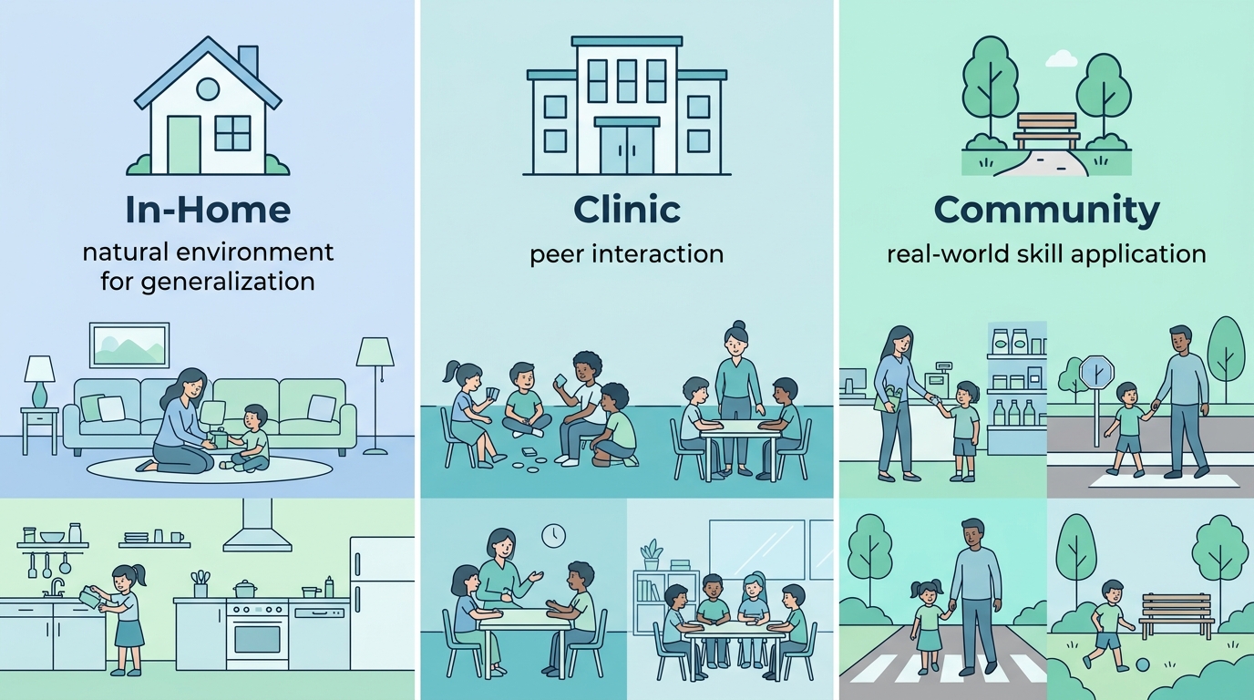 Infographic comparing in-home, clinic-based, and community-based ABA therapy approaches for families in Durham, North Carolina.