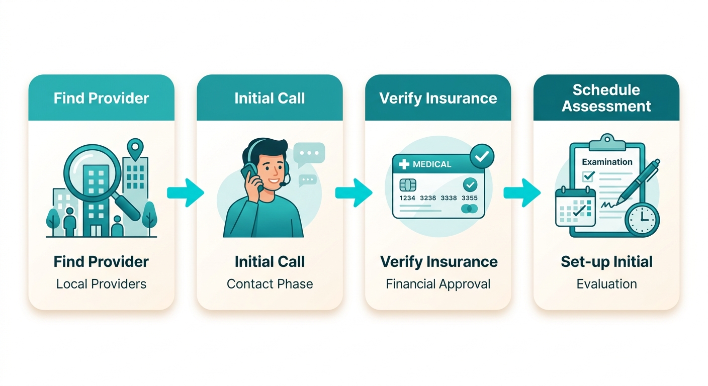 Four-step process to start ABA therapy in Durham: Find Provider, Initial Call, Verify Insurance, Schedule Assessment.