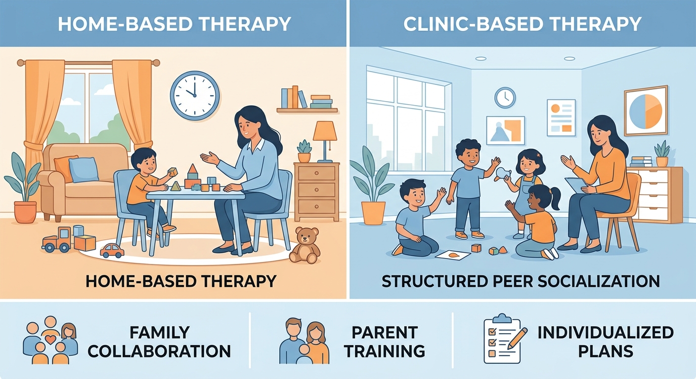Comparison infographic showing in-home ABA therapy versus center-based therapy in Winston-Salem, with icons and minimalist labels