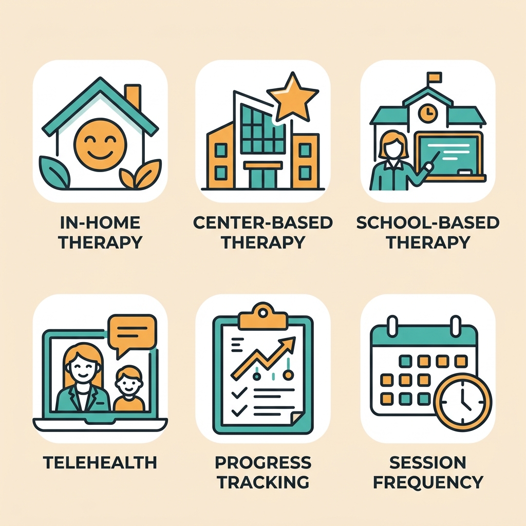 A grid of 6 icons illustrating different ABA therapy session settings and tracking methods, with teal and orange outlines and simple labels