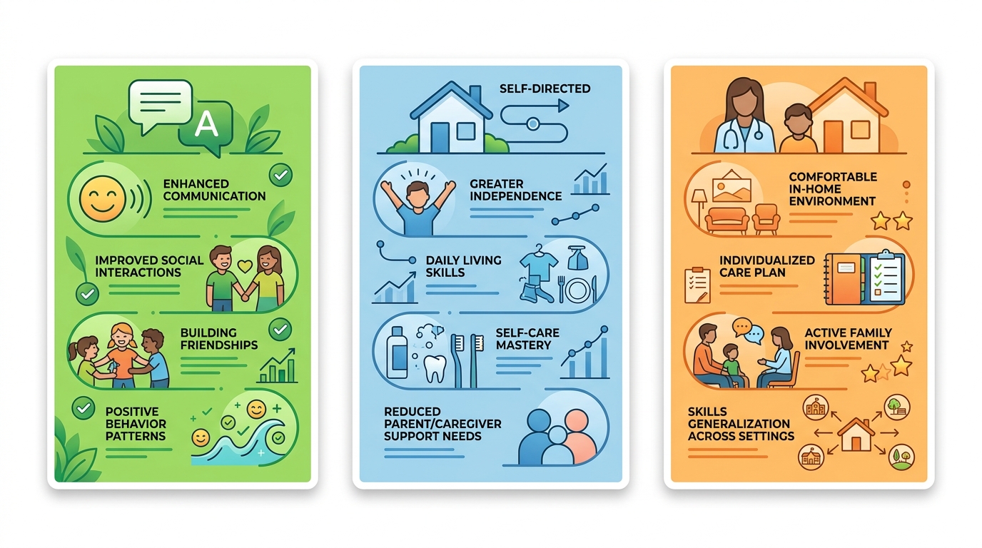 Infographic showing three columns of ABA therapy benefits: communication and social skills, daily living independence, and in-home therapy advantages, with corresponding icons and short text labels.