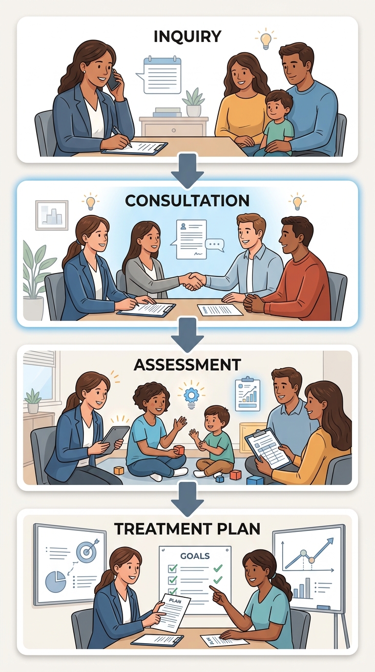 Process flow showing the four steps to begin ABA therapy in Winston-Salem: Inquiry, Consultation, Assessment, and Treatment Plan