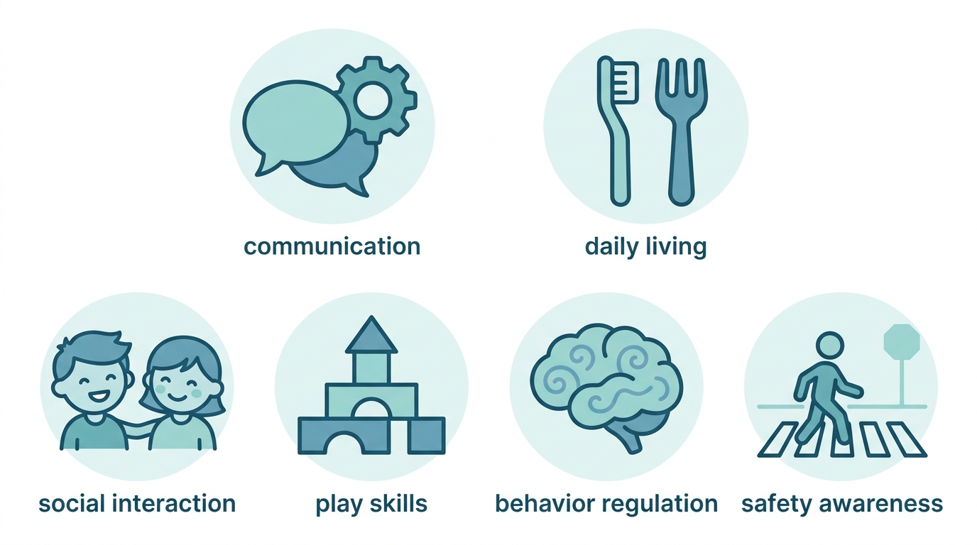 Six flat icons showing communication, daily living, social, play, behavior, and safety skills development via ABA therapy