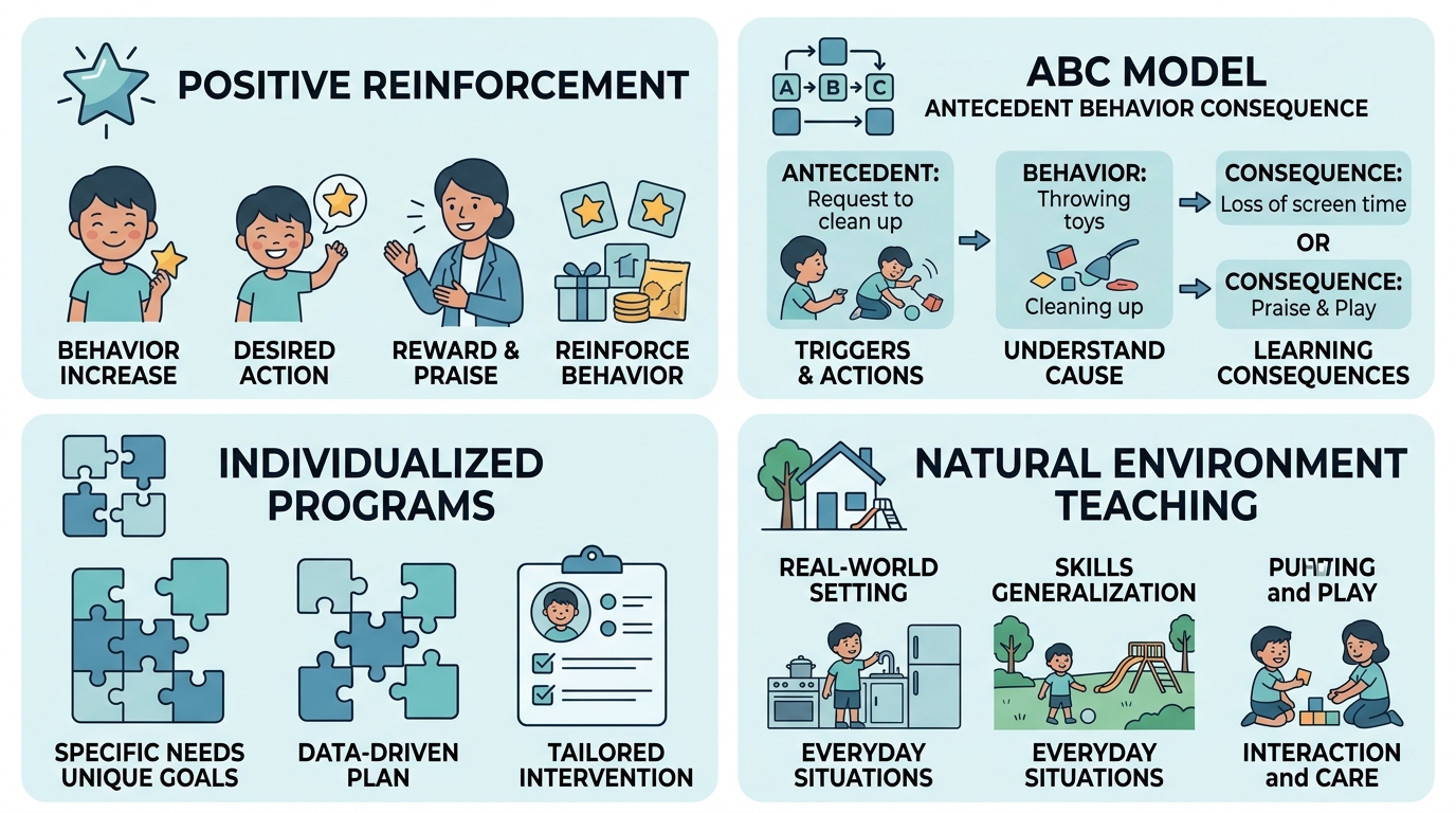 Infographic showing four core principles of ABA therapy: Positive Reinforcement, ABC Model, Individualized Programs, Natural Environment Teaching with icons.