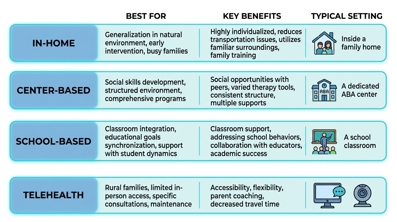 Visual comparison of four ABA therapy delivery models: In-Home, Center-Based, School-Based, Telehealth showing best use cases and benefits.