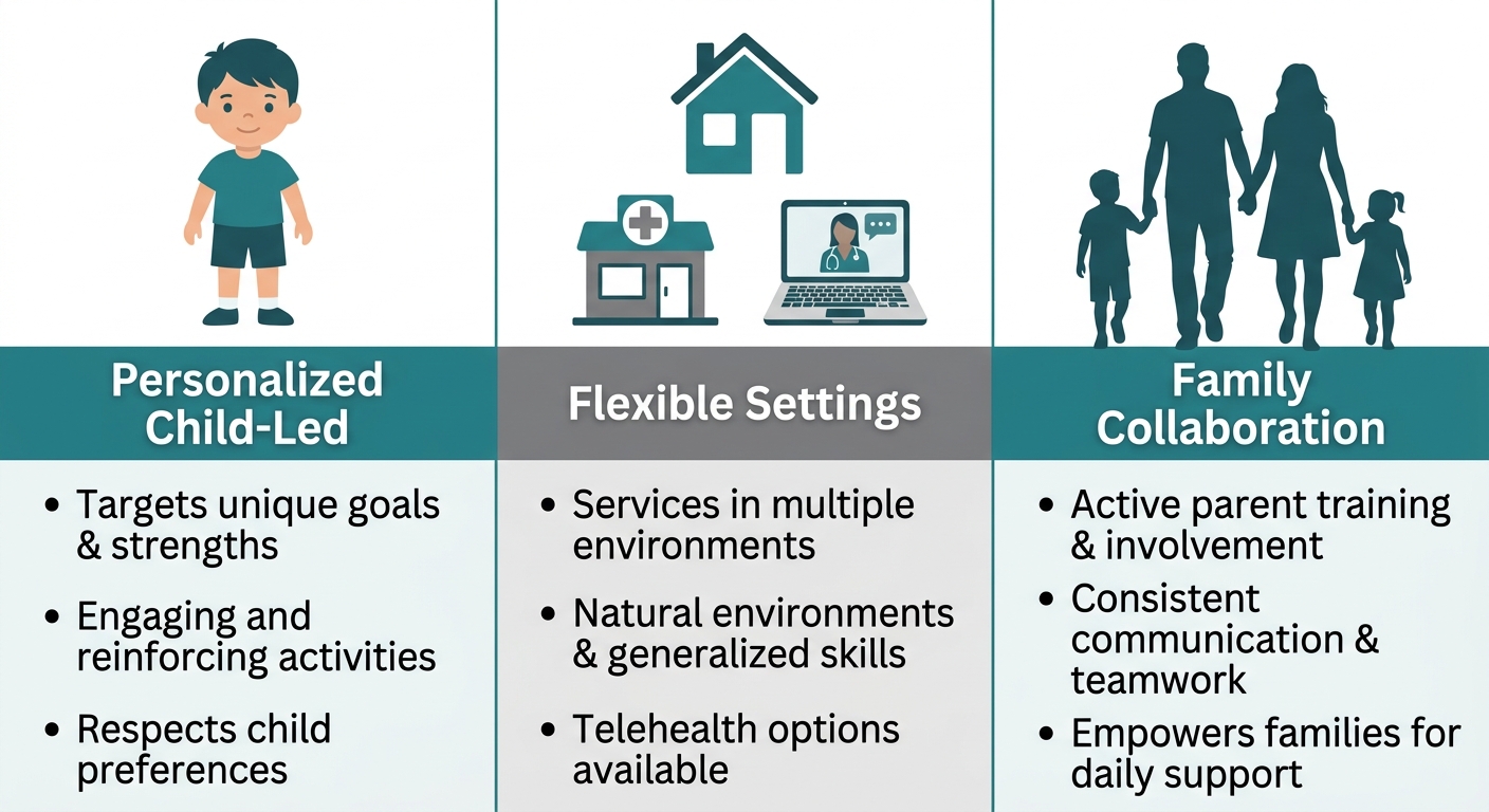 Infographic showing three core benefits of ABA therapy for children with autism: personalized and child-led approach, flexible settings including in-home and telehealth, and family collaboration.