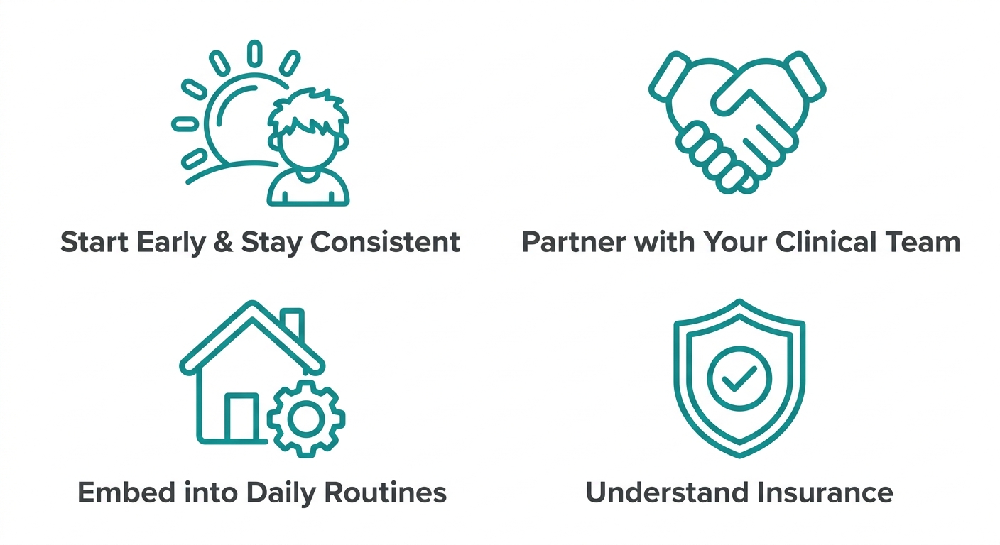 A 2x2 grid of four outlined icons representing best practices for ABA therapy success.
