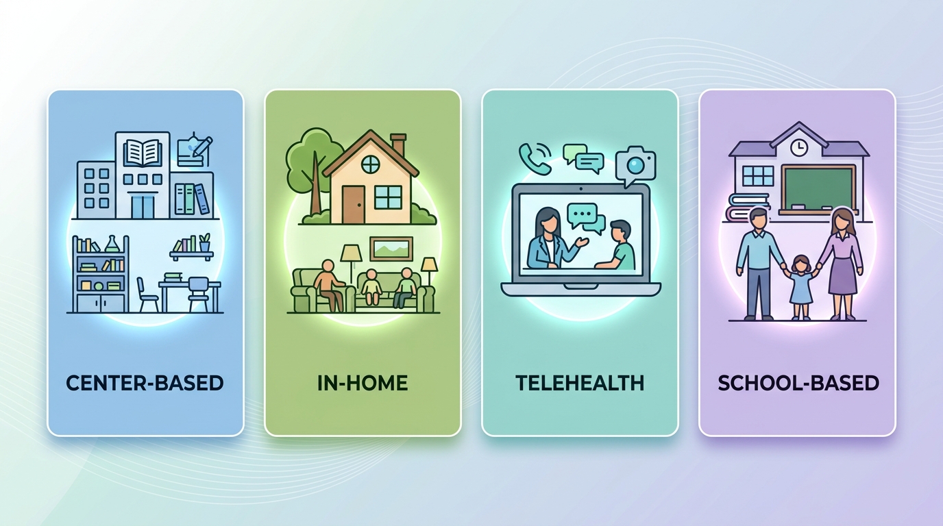 Comparison infographic showing four ABA therapy delivery options: center-based, in-home, telehealth, and school-based.