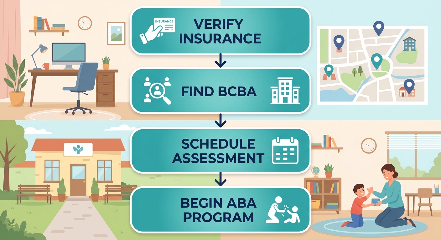 Four-step vertical process flow guiding families through ABA therapy in Columbus: verifying insurance, finding a BCBA, scheduling assessment, beginning personalized program