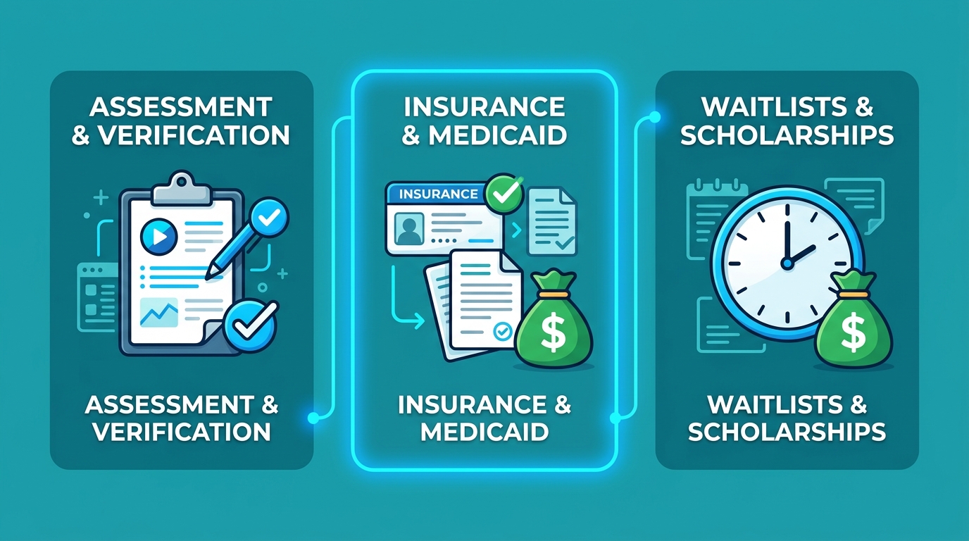 Three-step process flow showing how to start ABA therapy in Columbus: initial assessment and insurance verification, navigating insurance and Medicaid, understanding waitlists and scholarships.