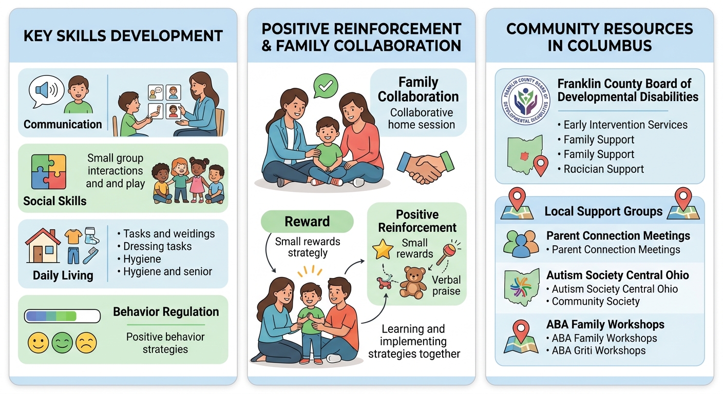 Infographic of three columns showing key skills developed in ABA therapy, family collaboration with positive reinforcement, and local community resources like Franklin County Board of Developmental Disabilities