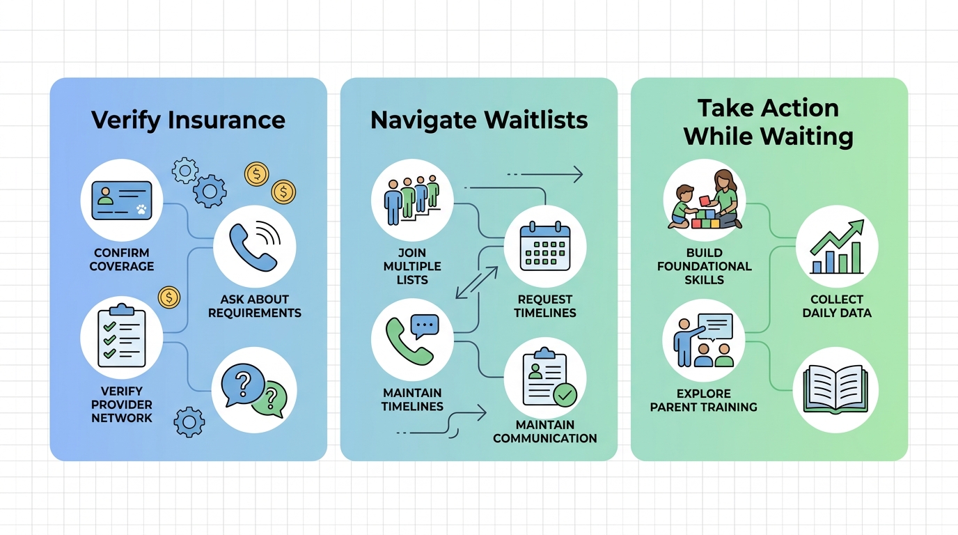 Infographic showing three steps for families: Verify Insurance, Navigate Waitlists, and Take Action While Waiting for ABA therapy coverage in Ohio.
