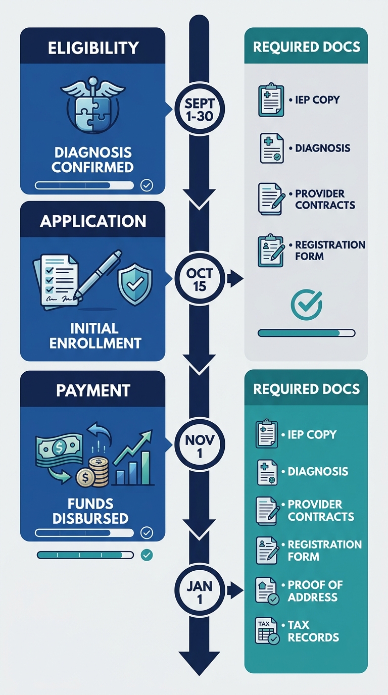 Vertical timeline showing the Ohio Autism Scholarship Program process.