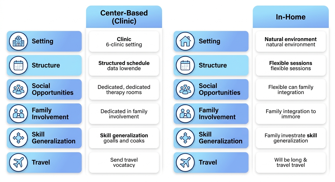Side-by-side comparison of center-based ABA therapy and in-home ABA therapy.