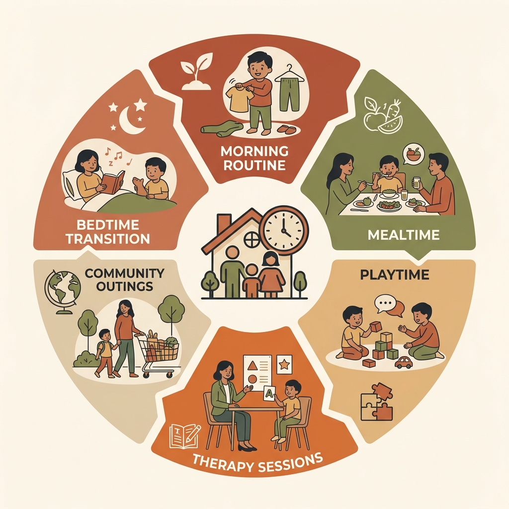 Circular infographic showing six daily routine touchpoints for in-home ABA therapy integration, with a central family home icon and simple icons for each routine.