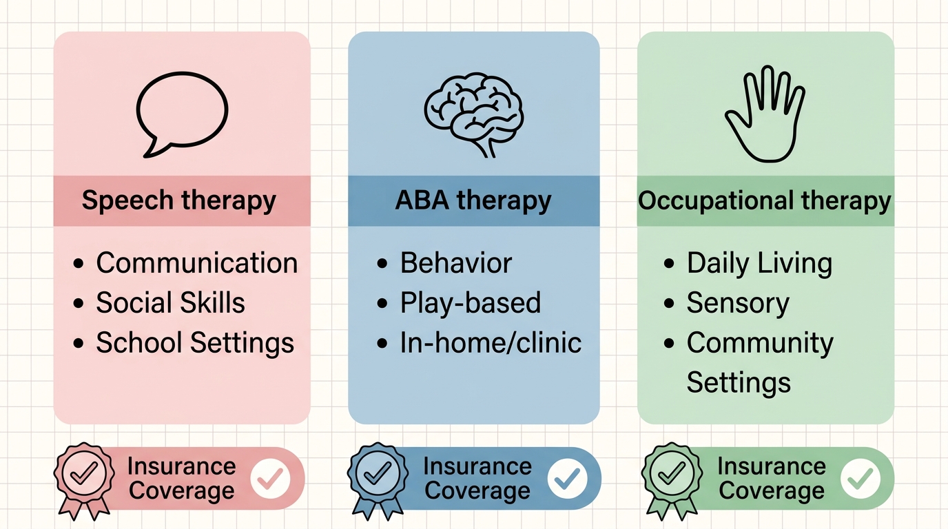 Infographic comparing speech therapy, ABA therapy, and occupational therapy services for autism in Savannah, Georgia.