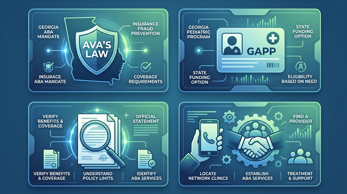 Infographic showing four panels about insurance for ABA therapy in Savannah: Ava's Law with Georgia outline, Georgia Medicaid GAPP program card, benefits verification with magnifying glass, and contact clinic with handshake. Warm blue and green colors.